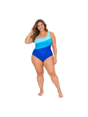 Aidonger Women’s 2XL Blue Colorblock One-Shoulder One-Piece Swimsuit NWT